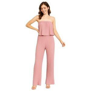 BTFBM Strapless Jumpsuit Size S Pink Pleated Wide Leg Summer Resortwear Chic NEW